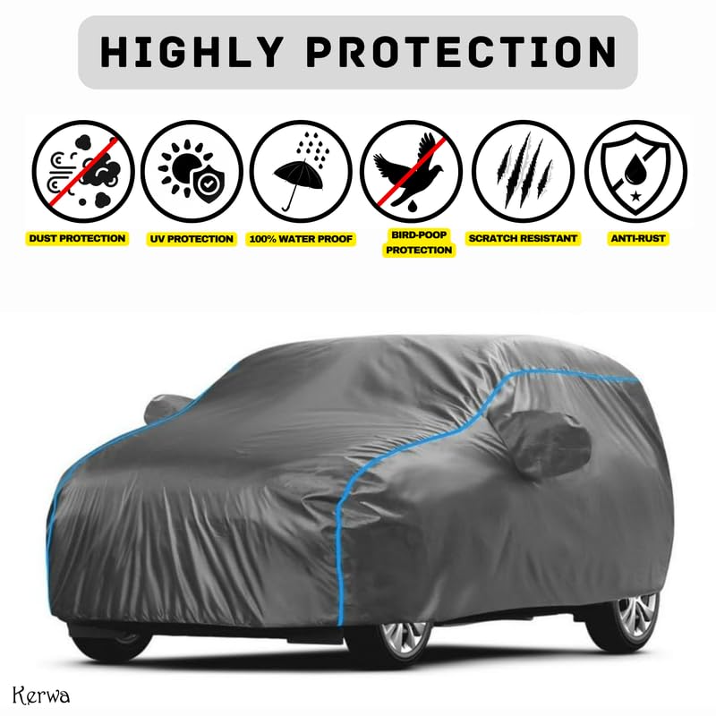 Image of Kerwa Car Body Cover Waterproof Compatible with Maruti Suzuki A-Star, Dust & UV Resistant All-Weather Proof Full Body Cover, Grey with Blue Lining, Triple Stitched Elastic Bottom with Mirror Pocket
