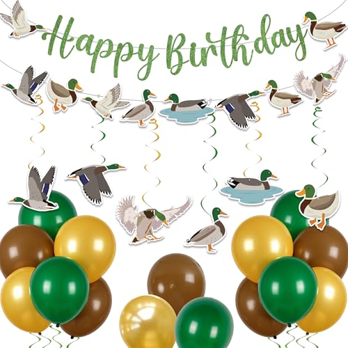 Mallard Duck Hunting Birthday Decorations - Duck Happy Birthday Banner with Garland, Green Gold Brown Latex Balloons and Duck Theme Hanging Swirls Decor for Kids Boys Party Supplies