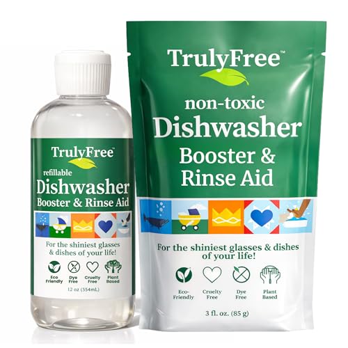 Truly Free Natural Dishwasher Booster & Rinse Aid - Non-Toxic Dishwashing Aid Formula, Removes Residue & Tough Dish Stains, Water Spot Remover - Includes: 1 Reusable Empty 12 oz Bottle & 1 Refill