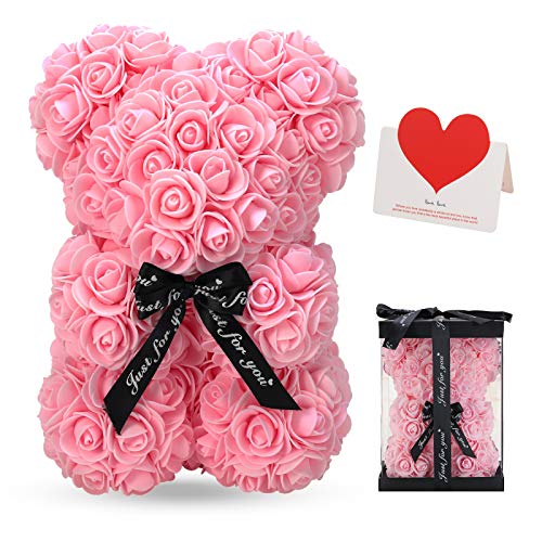 FVXR LINKLO - Oso de peluche de rosas artificiales de 10 pulgadas, regalo para el día de San Valentín, boda, día de la madre y aniversario, incluye caja de regalo transparente (rosa)