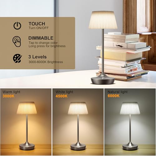 Yht YHT-X86B Rechargeable Cordless Table Lamp,Led 6000Mah Battery Operated Desk Lamp Fabric Shade Waterproof Portable Small Dimmable Touch Table Light Outdoor/Dining/Patio/Restaurant/Kitchen thumb #2