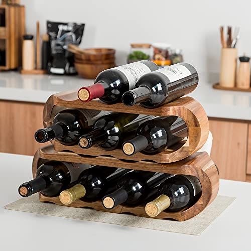6-Bottles Wine Racks Countertop, 2-Tier 6-Slot Stackable Rustic Wooden Wine Cellar Racks, Solid Acacia Wood Wine Holder Storage Stand, Wine Bottles Display Shelf For Kitchen Tabletop Pantry Bars #TOP4