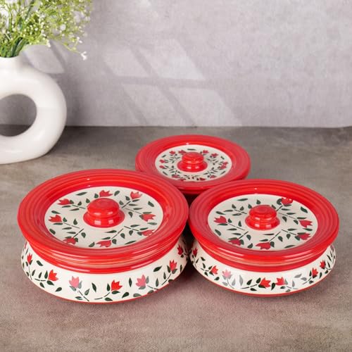 Image of Niyara Premium Ceramic Casserole /Donga Set with Lids - Handcrafted Serving Bowls for Hot Food, Microwave & Dishwasher Safe - Set of 3, Sizes: 1000ML, 650ML, 550ML (Red leaf design)
