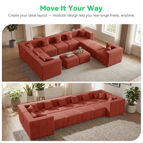 Image of MONVANE Oversized Boneless Sectional Couches for Living Room, 12-Seat Cloud Couch, Modular Sofa with Ottoman & 12 Throw Pillows, Comfy Chenille, No Assembly Required, Red