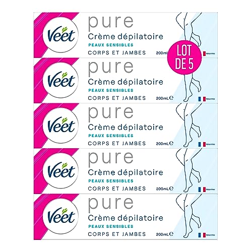 VEET Pure Crema depilatoria para cuerpo y piernas, piel sensible, sin olor a amoniaco, 5 unidades de 200 ml