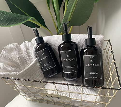 Refillable Shampoo And Conditioner Bottles - Empty Soap Dispenser Set Of 5 (16.9Oz) - Plastic Bathroom Shower Dispensers For Body Wash Lotion Hand & Dish Soap (Amber Bottles - Black Labels) #TOP6