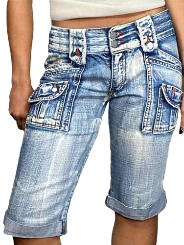 Flamingals Women's Capri Cargo Jeans Mid Waisted Stretchy Summer Skinny Wash Flap Pocket Denim Pants