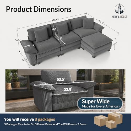 Image of HERA'S HOUSE 124 inch Oversized Modular Sectional L Shaped Sofa, Corduroy Grey | 4-Seater Living Room Couches, Wider Armrest and Deep Seat, Comfy Cloud Couch with Ottoman, Wood Sturdy Frame
