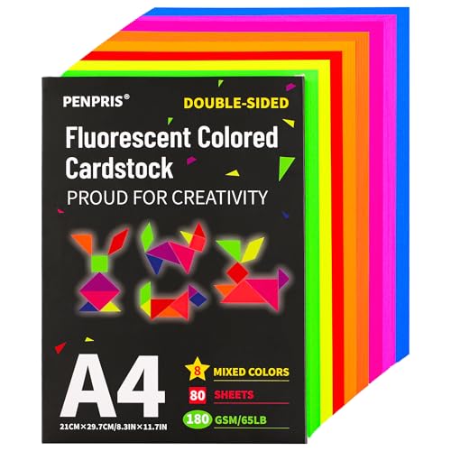 80 Blatt fluoreszierendes farbiges Cardstock - 8 Farben Kunsthandwerk Konstruktionspapier, A4 Größe 65lb/180gsm helles Farbkartenpapier für Drucker, Kartenherstellung, Einladungen, Scrapbooking PAC07