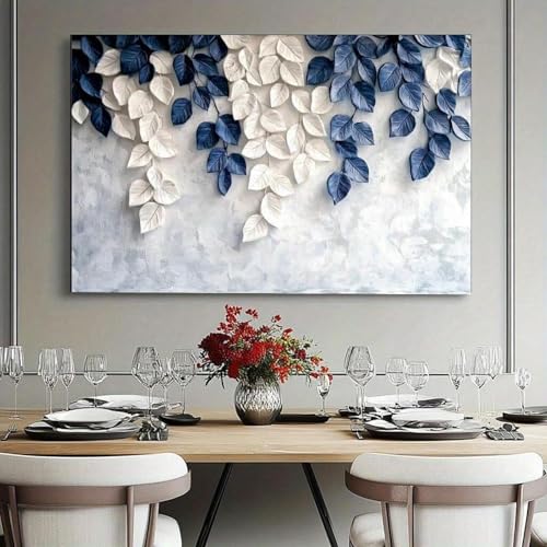 Peinture sur toile chambre à coucher tableau feuilles bleues 80x120 - 2