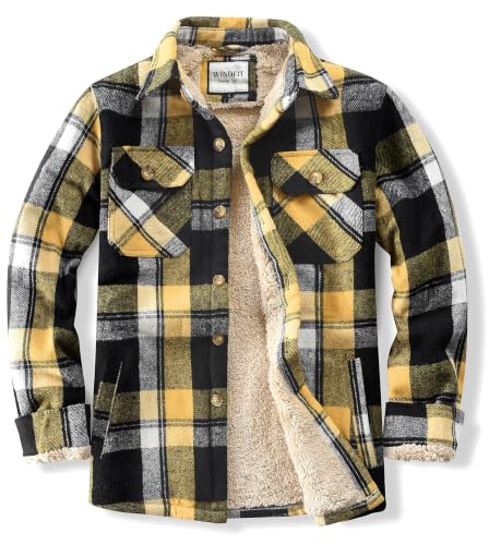 WINDFIT Mens Cotton Flannel Shirt Jacket Fleece Plaid Shirt Yellow XXL