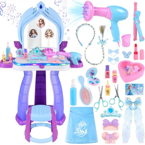 Image of Princess Vanity for Toddlers Girls 3-5 Years Old, Kids Vanity Table and Chair Set with Magic Mirror Light Music, Toddler Makeup Dresser Set, Interactive Pretend Play Dress Up Beauty Salon Toys Gifts