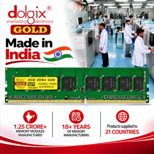 Image of Dolgix Gold 16GB DDR4 Desktop RAM 2400MHz (Memory) U-DIMM | Long-DIMM | CL- 17 | PC4-19200 | 2Rx8 Dual Rank | 5Year -Warranty (Made in India)