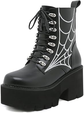 YIYA Womens Black Goth Platform Ankle Boots with Bat Wing Buckles Chunky Block Heels Round Toe Zipper Punk Motorcycle Combat Boots Comfy Short Gothic Booties