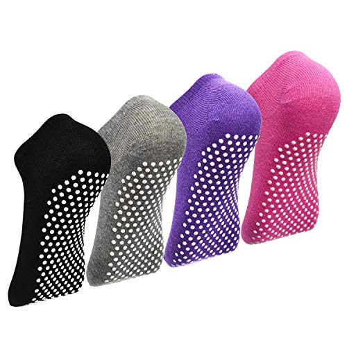 Lot de 4 paires de chaussettes antidérapantes pour femme - Pour yoga, pilates, trampoline, ballet - En ABS - Gris/violet/noir et rose Cover