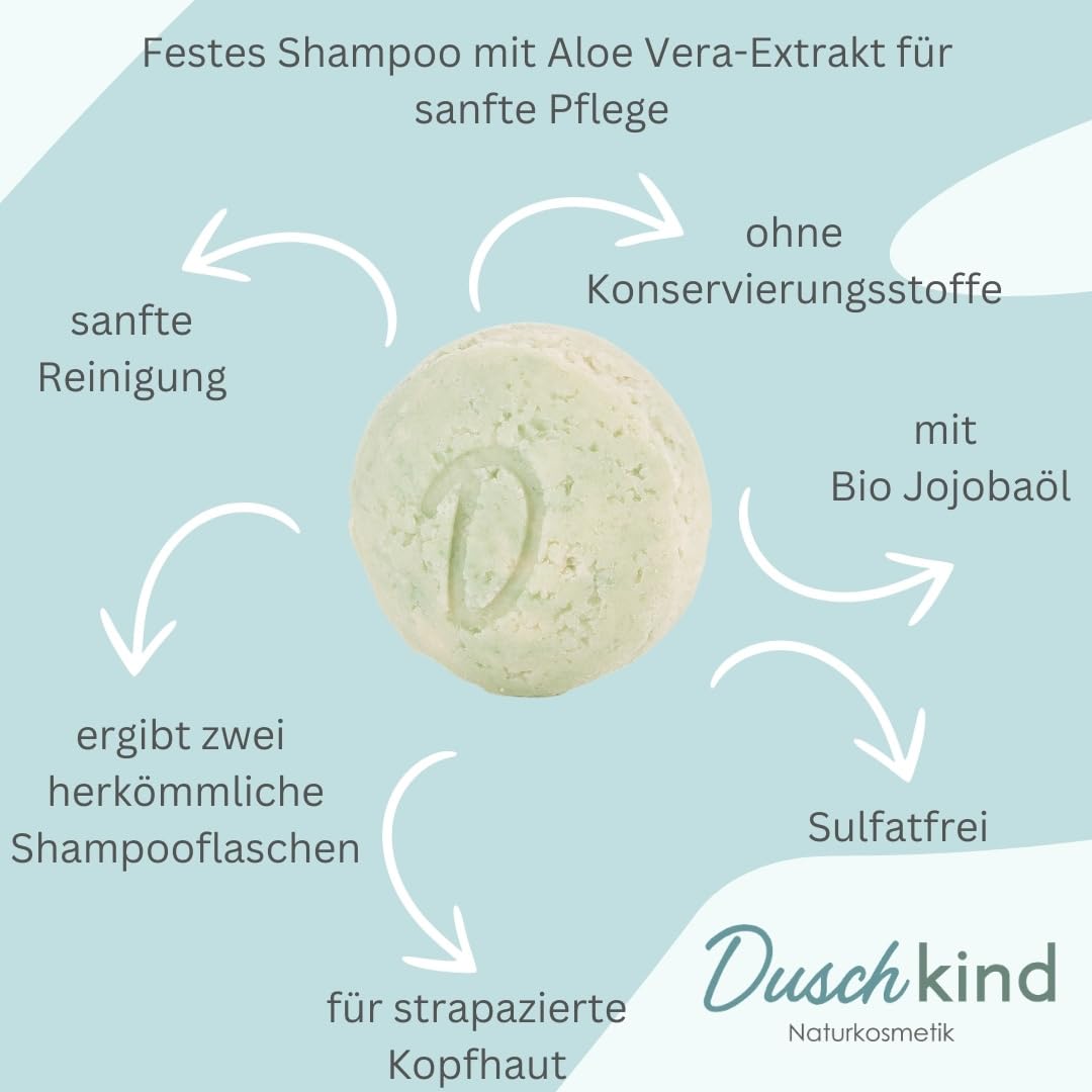 Duschkind Festes Shampoo Aloe Vera 4in1 allergenfreier Duft, sulfatfrei,  Bio-Aloe-Vera-Extrakt fr normales bis trockenes Haar & empfindliche  Kopfhaut  vegan, plastikfrei, handgemacht in Deutschland : Amazon.de:  Kosmetik