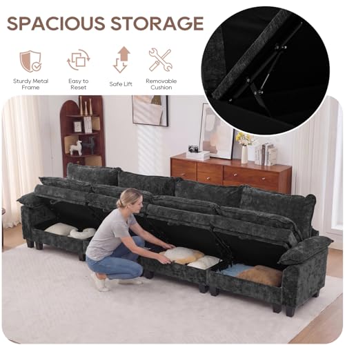 Image of IPKIG 151 inch Modular Cloud Couch with Storage, U Shaped Sectional Sofa | 4 Seater Black Chenille Deep Seat Sectional Couches with Ottoman and Pillow for Living Room, Apartment