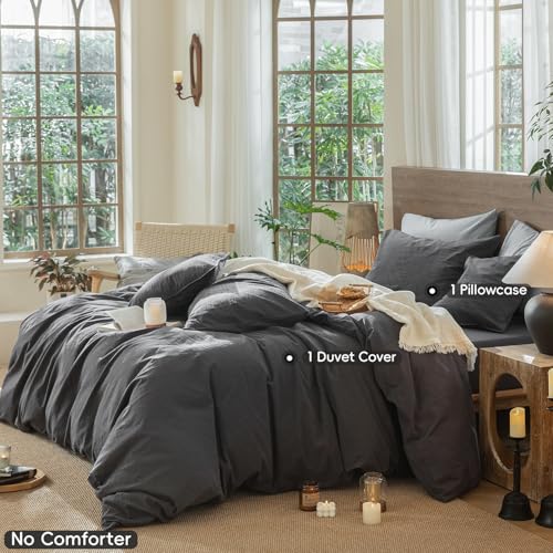 Image of MooMee Wavy Striped Duvet Cover Set 100% Washed Cotton Linen Like Textured Breathable Durable Soft Comfy (Charocal Grey, Twin 68 inchx90 inch)