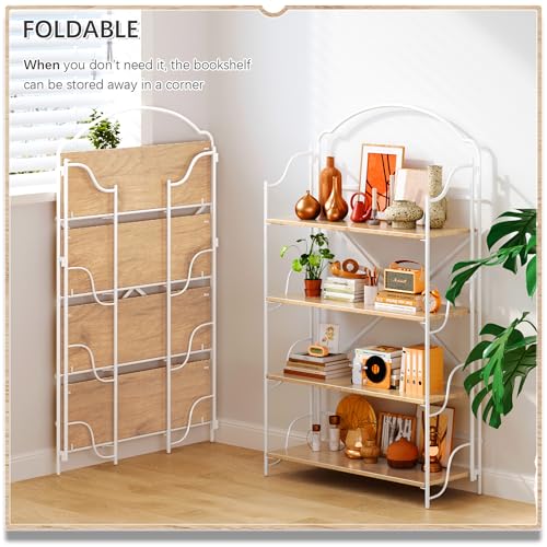 Image of 4NM No Assembly Folding Bookshelf for Living Room, 4 Tiers Collapsible Book Shelves Open Industrial Foldable Bookcase Storage Shelf for Home Office - Oak