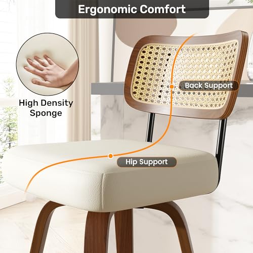 Image of Swivel Bar Stools Set of 1, 26 inch Upholstered Faux Leather Counter Height Barstools with Rattan Back & Bentwood Legs, Mid Century Modern Bar Chairs Island Stools for Kitchen Counter, Cream White