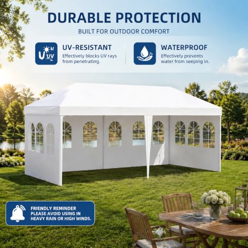Image of 10' x 20' White Party Tent with 4 Removable Sidewalls - Outdoor Canopy Tent for Events, Backyard Wedding, BBQ, Waterproof PE Gazebo with No Center Pole