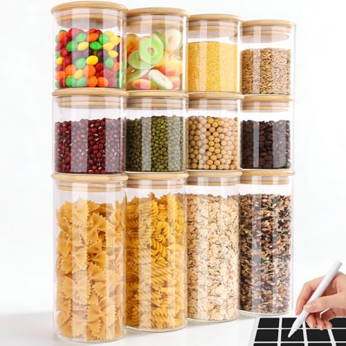 Otauoaea Lot de 12 Bocaux en Verre, 4x 750ml + 8x 350ml - Pot en Verre avec Couvercle - Bocaux Rangement Cuisine Verre - Bocal Hermétique pour Pâtes, Céréales,...
