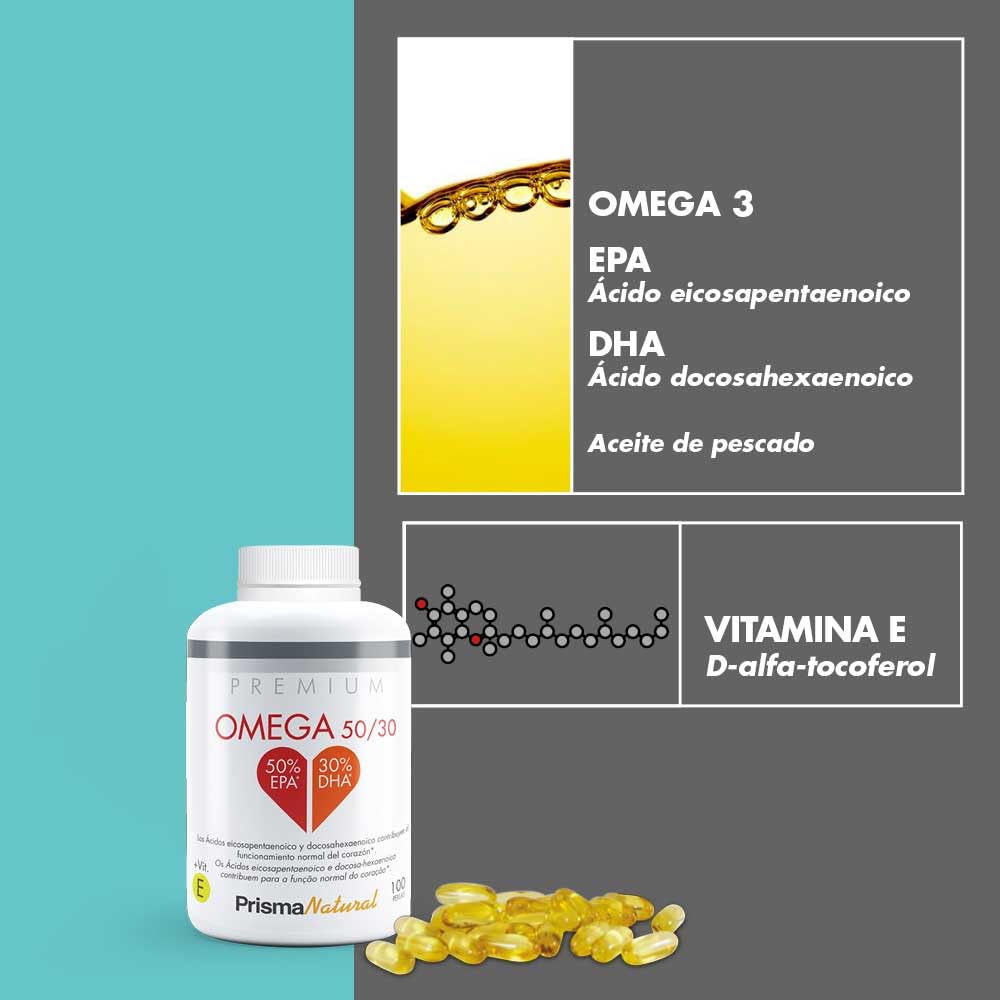 Prisma Natural Premium - Omega 50/30 | Omega 3 | EPA y DHA | en perlas es un complemento alimenticio a base de Aceite de pescado y Vitamina E. | Acidos grasos | Sin gluten |