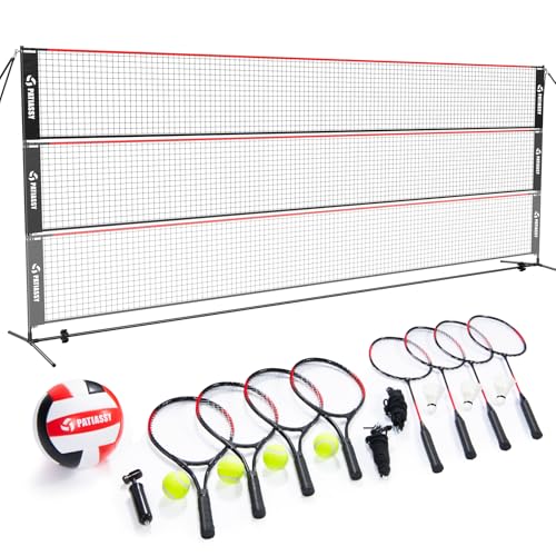 Patiassy Red de bádminton de 5,2 m, red de tenis, red de voleibol para jardín, barras de altura ajustable, juego de red portátil 4 en 1 con voleibol, bádminton y tenis, raqueta de voleibol, pelota de