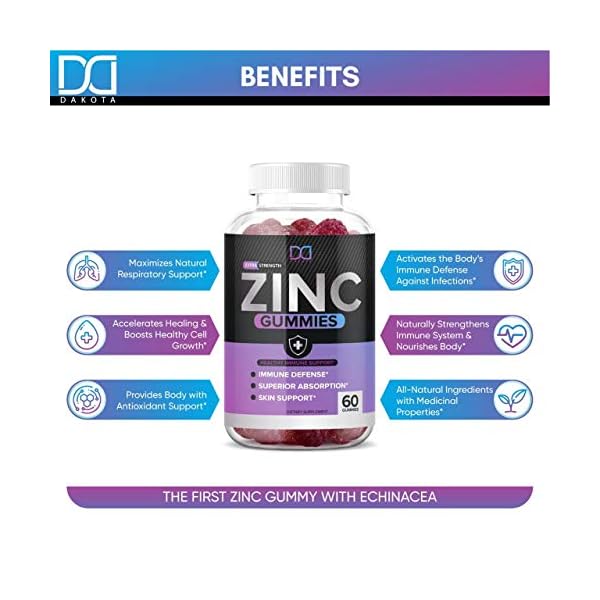 Dakota 120 Gummies Zinc 50mg Supplements Chewable Gummies w Vitamin D3 Echinacea Vitamins for Adults Kids, Zinc Gummy Immune Support