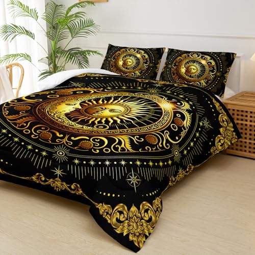 Image of Black and Gold Full Size Sun and Moon Comforter Set,Quilts Full Size Bedding Sets Sun Moon,with 1 Comforter with 2 Pillow Case