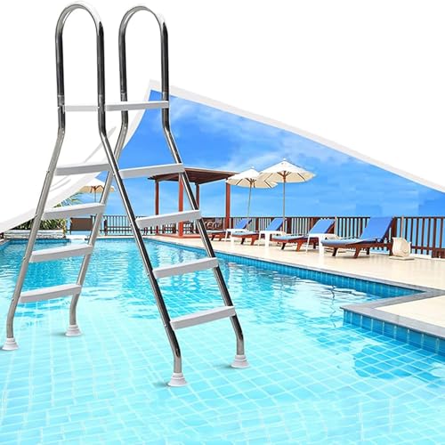 Escalera de piscina sobre el suelo, 4 peldaños, acero inoxidable, escalones antideslizantes, rieles de brazo y barrera para piscinas interiores y exteriores