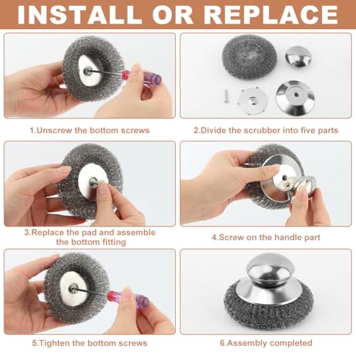 Image of 2pcs Steel Wool Scrubber with 2pcs Replacement Wire Pads Set, Metal Scrubber Pot Scrubbers Scouring Brush, Kitchen Cleaning Supplies for Dishes Stoves Barbecue Grills Wash Sink (Silver)