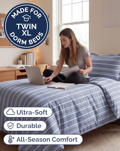 Image of Duvet Cover Queen Size Set - Extra Soft Queen Duvet Cover 90 inch x 90 inch with 2 Pillow Shams for Women, Men, Kids & Teens - Hotel Luxury w / Zipper Closures & Ties - Comfy, Cozy & Breathable (Beige Stripes)