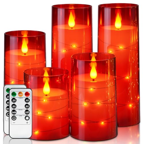 Image of Homemory Flickering Flameless Candles, Red LED Pillar Candles with Remote