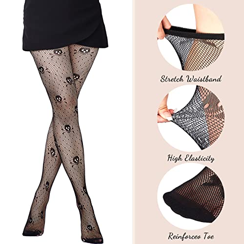 SATINIOR 4 Pcs Halloween Fishnet Tights Fishnet Thigh High Stockings Goth Skull Stocking for Women2