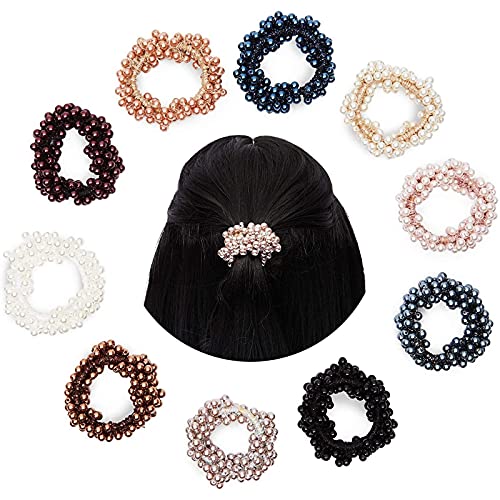 Glamlily Pearl Hair Ties for Women, Beaded Scrunchies, 10 Colors (2.5 in, 10 Pack)