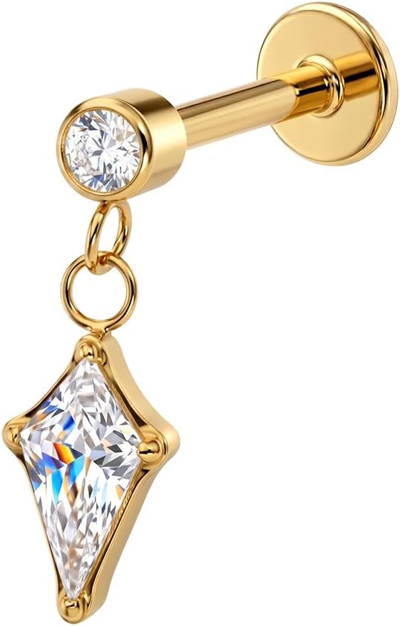 G23 Grade Titanium Round Top with Kite Dangle Cz Stone Design Threadless Tragus Labret Piercing Jewelry