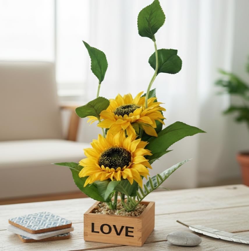 Image of The Better Home Sunflower Artificial Plant with Pot (35cm) | Yellow Decorative Plant | Living Room & Tabletop Decor | Artificial Plants for Decoration | Small Artificial Plant with Pot