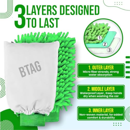 Image of Btag Double Sided Microfibre Wash Mitt Cleaning Gloves (2 Pcs, 2400 GSM, Size 26 X 19 Cm, Extra Large, Super Absorbent, Big Chenille Mitt Glove) (Green)