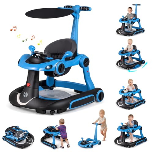 Image of BABY JOY 7-in-1 Baby Walker, Foldable Baby Walker and Bouncer Combo with Handle, Adjustable Height & Speed, Music, Lights, Rocker/Push Mode, Baby Walker with Wheels for Boys Girls 7-18 Months (Blue)