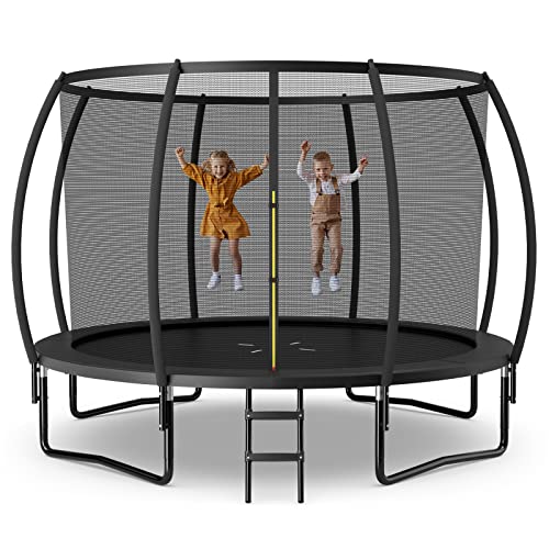 GYMAX Trampoline, 8FT 10FT 12FT ASTM Approved Recreational Trampoline with Enclosure, Ladder & Galvanized Steel Frame, Heavy Duty Anti-Rust Outdoor Trampoline for Kids Youth Adults (Black, 10FT)