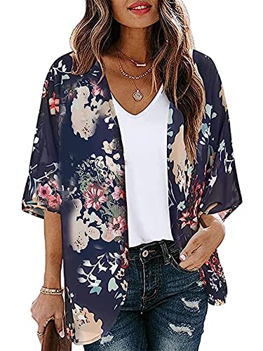 Chunoy Women Floral Beach Chiffon Kimono Cover Up Short Sleeve Shawl Summer Lightweight Sheer Cardigan Tops Deep Blue Large