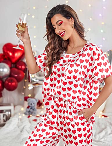 Image of Ekouaer Womens Satin Silky Pajama Set Short Sleeve Shirt with Long Pajama Pant Set Soft PJ Loungewear