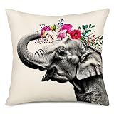 Asminifor Elephant Pillow Covers - Cotton Linen Funny Elephant Head Wreath Decorative Throw Pillow Covers, 18 x 18 Inches Square Pillowslip