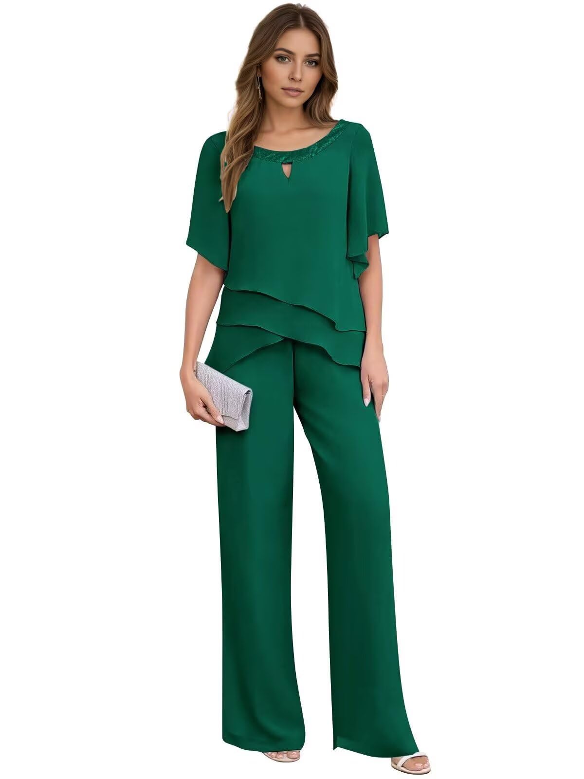 2 Pieces Mother of The Bride Pant Suits for Wedding Ruffle Sleeve Formal Pant Suit Sequin Chiffon Wedding