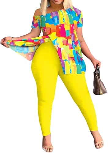 Conjunto deportivo de 2 piezas para mujer, manga corta, estampado floral, cuello redondo, hombros descubiertos, camisa y pantalones ajustados