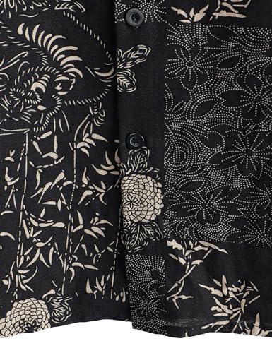 Parklees PZTDH17-BLACK FLOWER-XXXL Men'S Casual Linen Flower Print Shirt Short Sleeve Button Up Hawaiian Shirts Hipster 70S Hippie Tops Black Flower Xxx-Large thumb #5