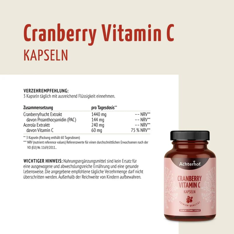 Cranberry Vitamin C Kapseln 180 Stück | mit natürlichem Vitamin C aus der Acerola | bewährte und vegane Pflanzenstoffe | Achterhof (Packung mit 2)