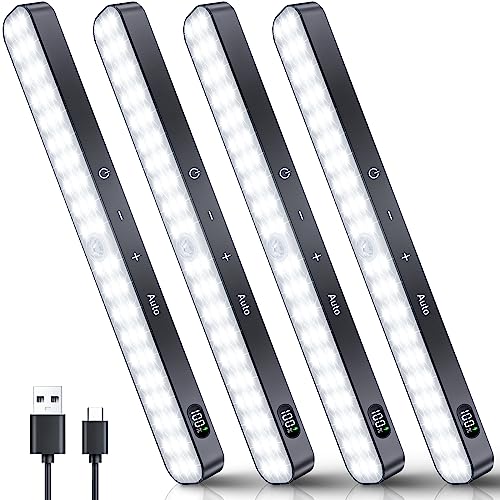 Image of Ferswe Closet Lights Motion Sensored, Battery Level Display, Under Cabinet Lights Rechargeable, Dimmable Touch Control, 60 LED Motion Sensor Cabinet Light for Kitchen, Closet, Shelf(4 Pack)