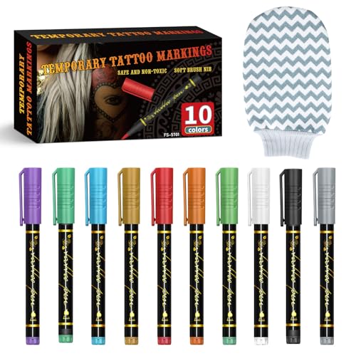 Penne per Tatuaggi Temporanei, Kit Tatuaggi Pelle con 10 Colori, Inchiostro Sicuro e Atossico, Marcatori per Tatuaggio per Bambini e Adulti, Ideali per Disegni Creativi Sul Corpo